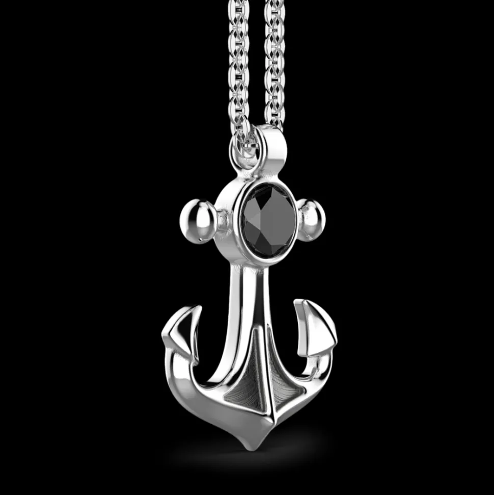 Collana Zancan in argento con pendente ad ancora e pietra nera.