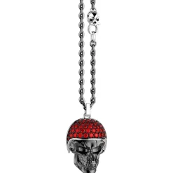 Collana Zancan in argento con pendente teschio biker con pietre rosse.