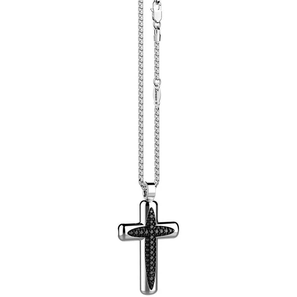 Collana Zancan in argento con pendente a croce e pietre nere.