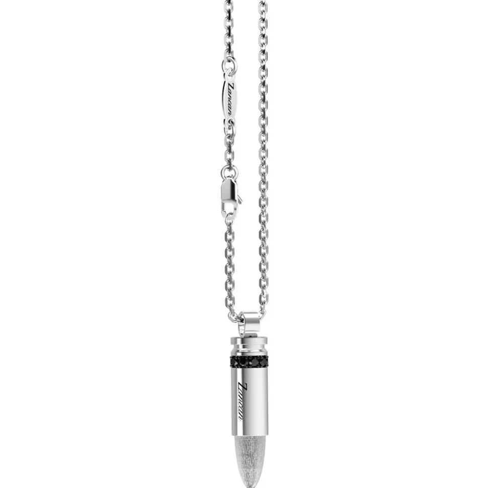 Collana Zancan in argento con proiettile e pietre nere.