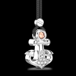 Collana Zancan in kevlar con pendente ad ancora in argento e pietre bianche.