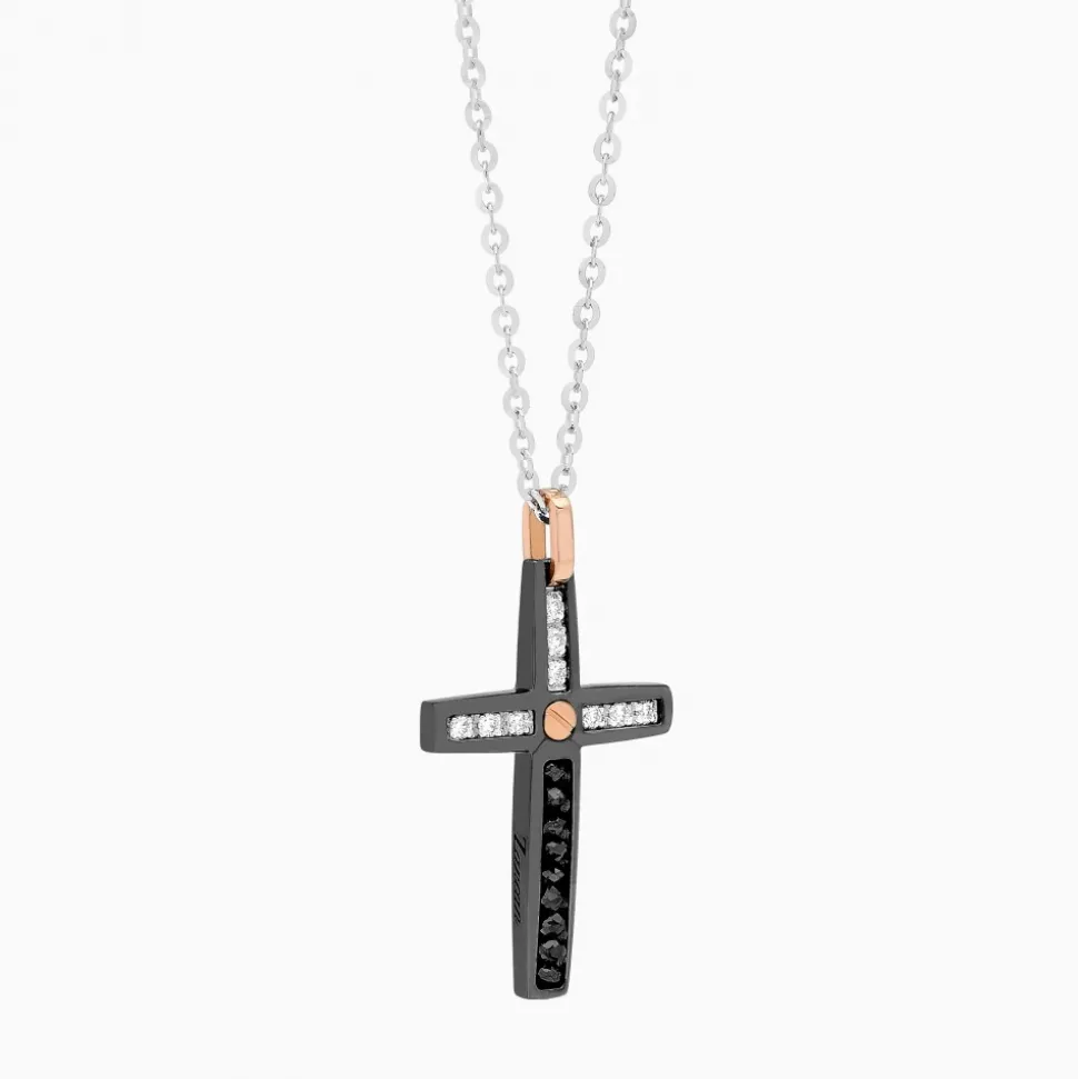 Collana Zancan in oro bianco con croce e diamanti .