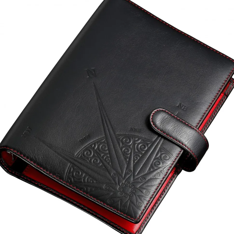 Organiser in pelle nera e interni rossi.